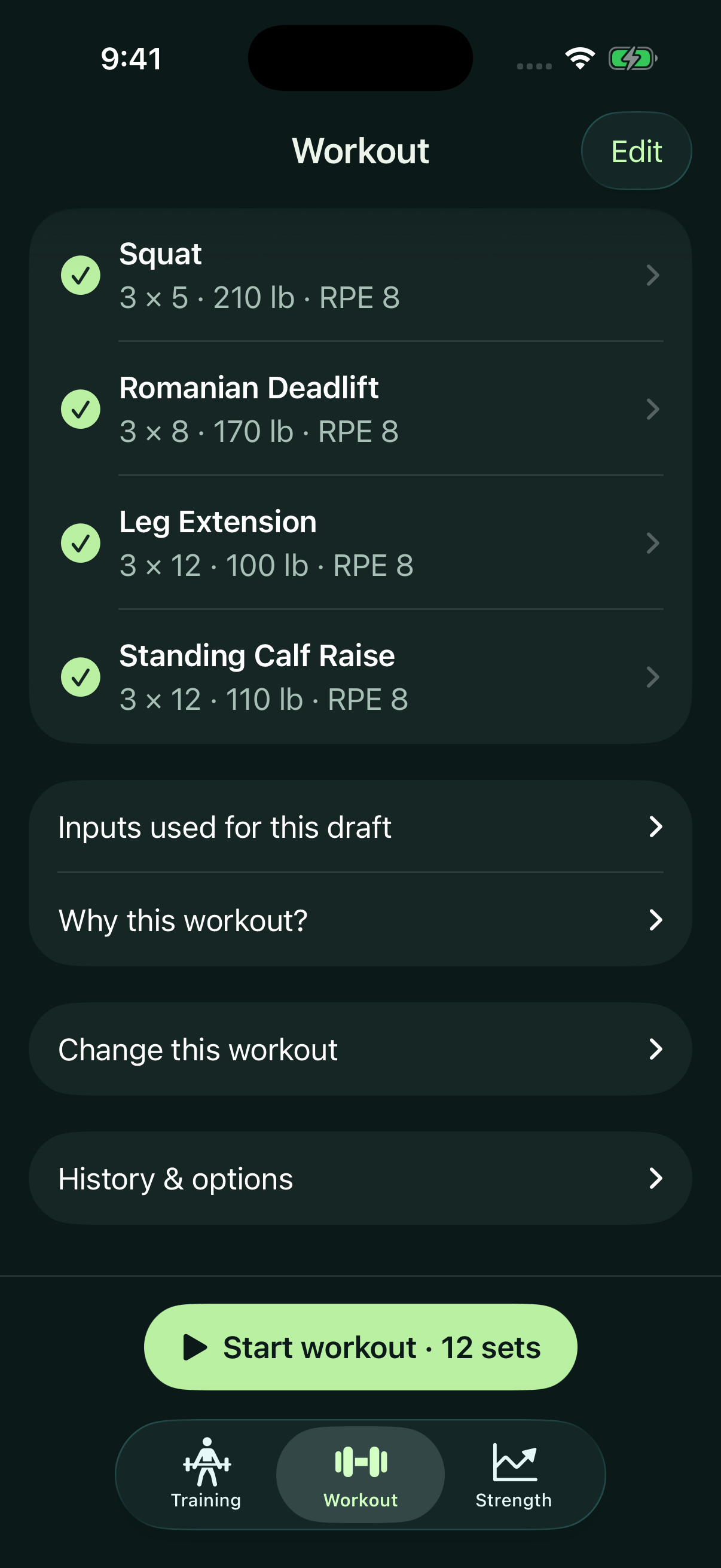 Sample leg-day checklist with selectable squat, Romanian deadlift, leg extension and calf raise exercises.