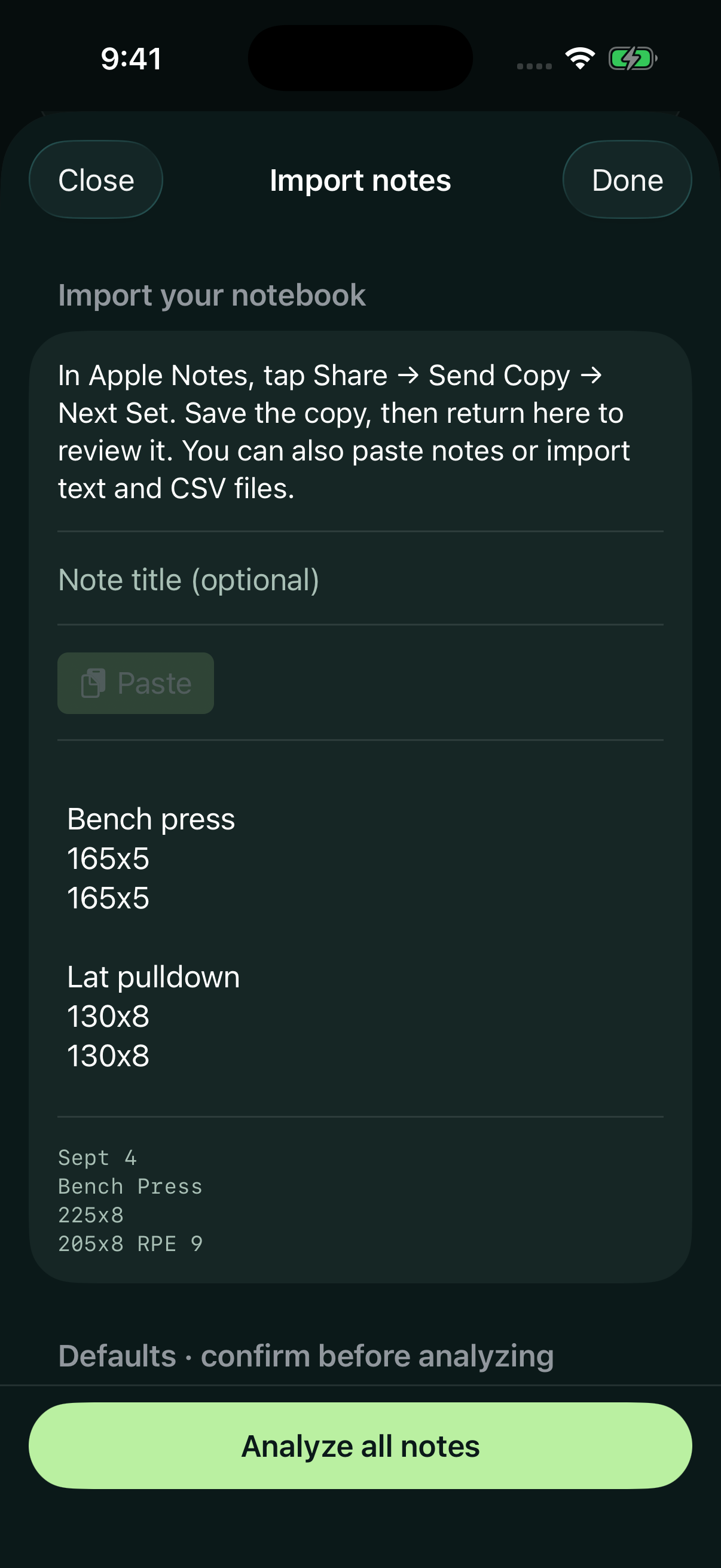 Import notes screen containing bench press and lat pulldown sets, with Analyze all notes at the bottom.