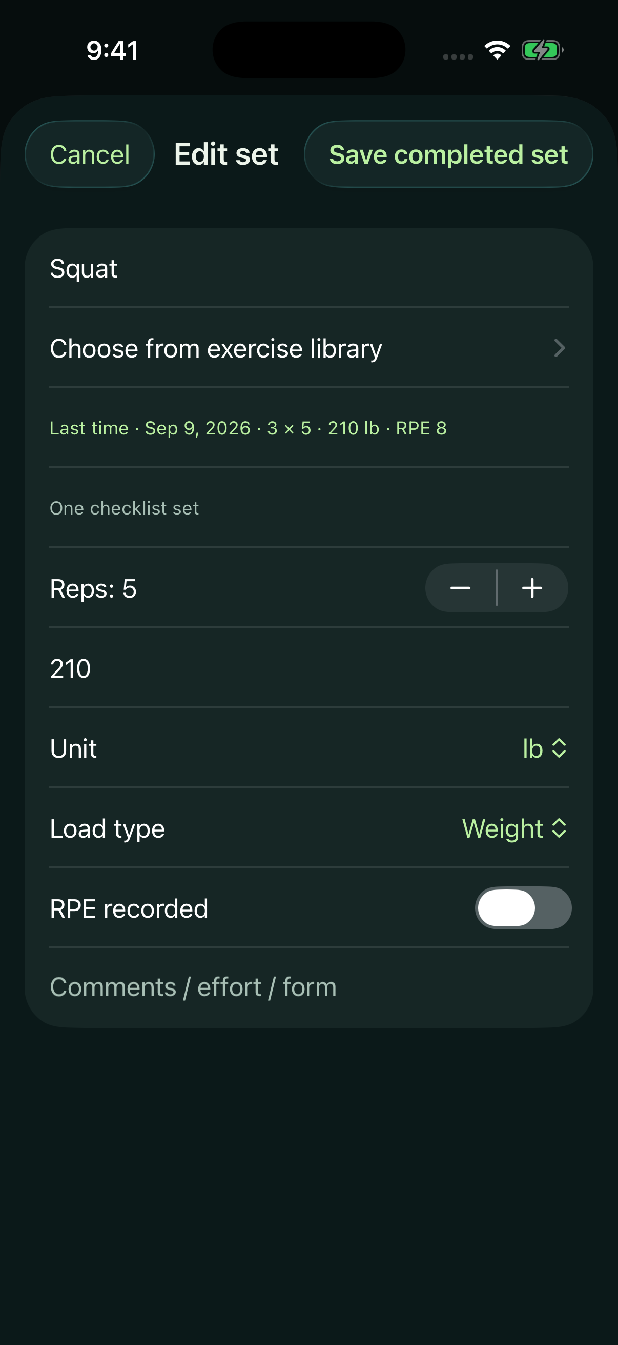 Set editor showing the previous squat session, editable reps and load, optional effort recording, and Save completed set.