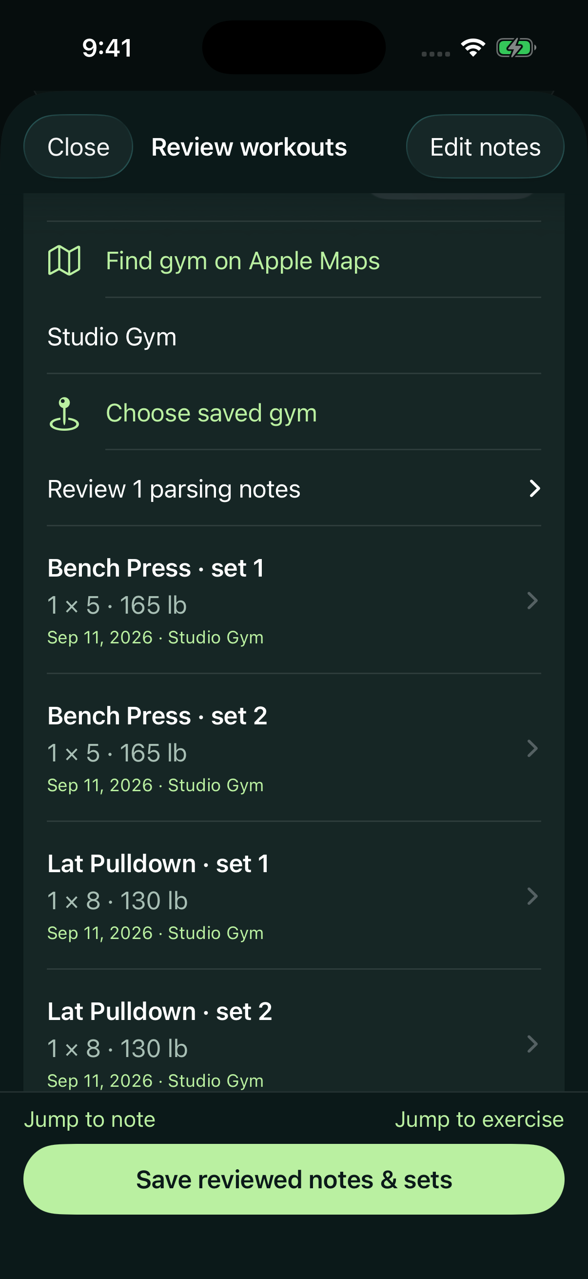 Review workouts screen showing four extracted bench press and lat pulldown sets before saving.