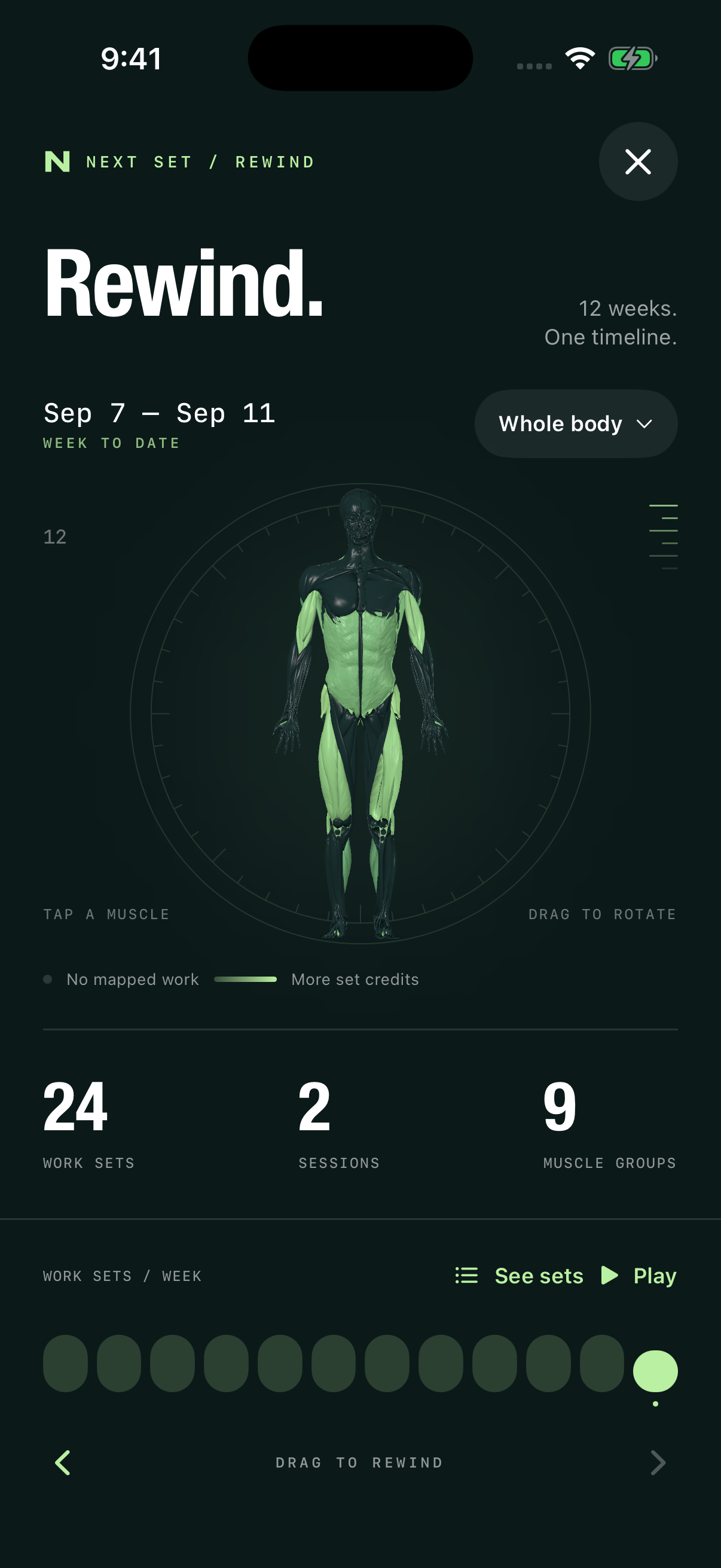 Rewind screen with a twelve-week timeline, anatomical muscle coverage map, work-set count and See sets action.