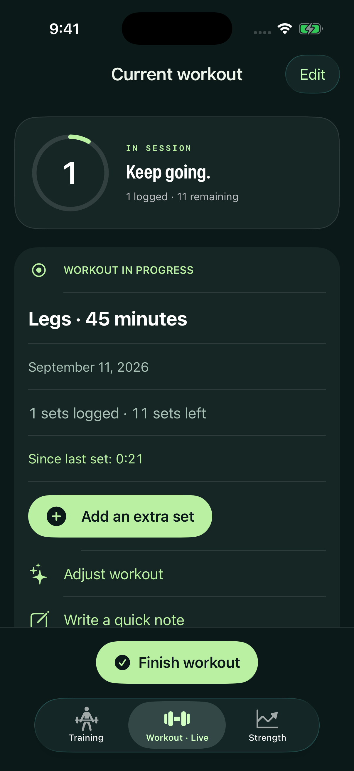Active workout with one set logged, eleven remaining, elapsed rest time, and an Adjust workout action.