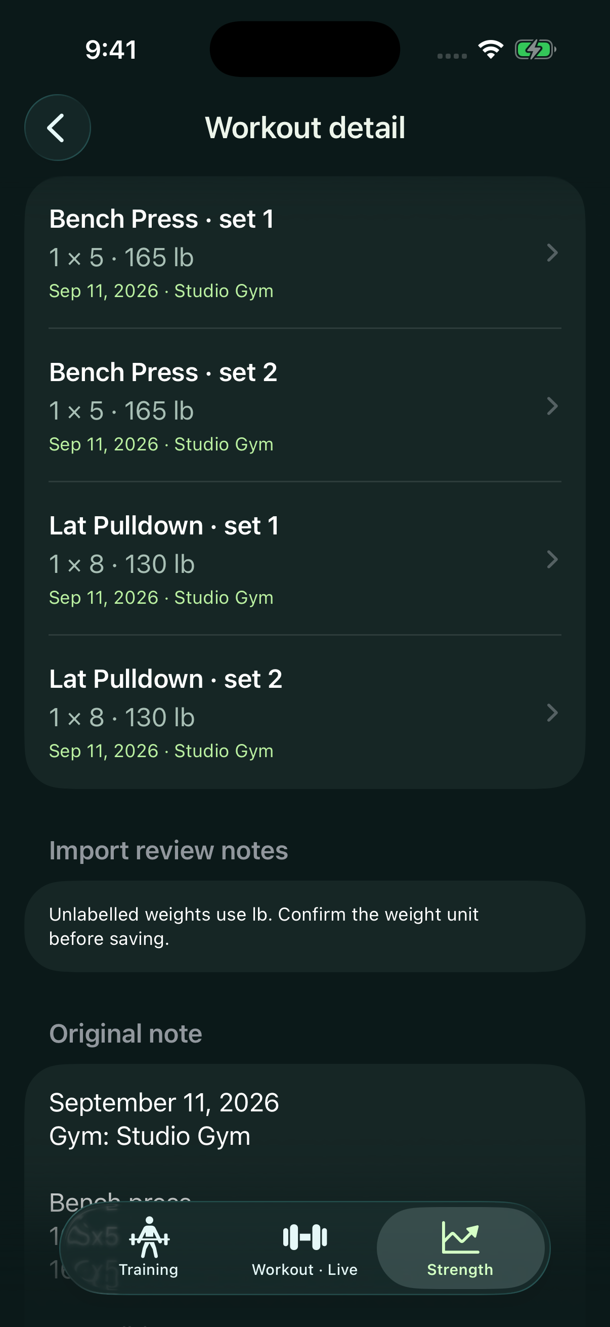 Source workout opened from a strength estimate, with recorded sets, import review notes and the original text.