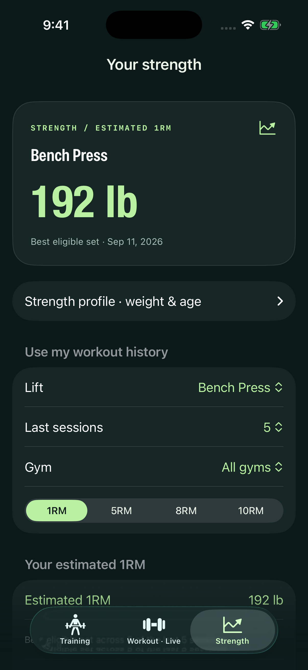 Strength screen showing a sample 192-pound bench press estimate, five-session history selection, and 1RM, 5RM, 8RM and 10RM options.